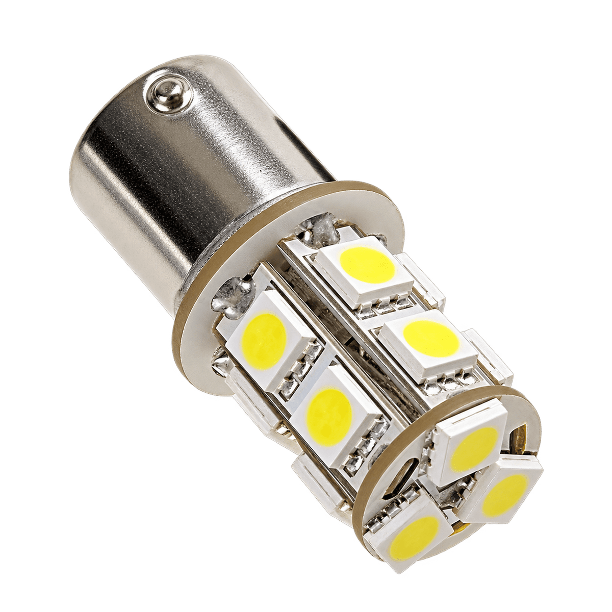 Close-up of a BAY15D LED car light bulb with a metallic base and multiple yellow LED chips arranged around a circular body.