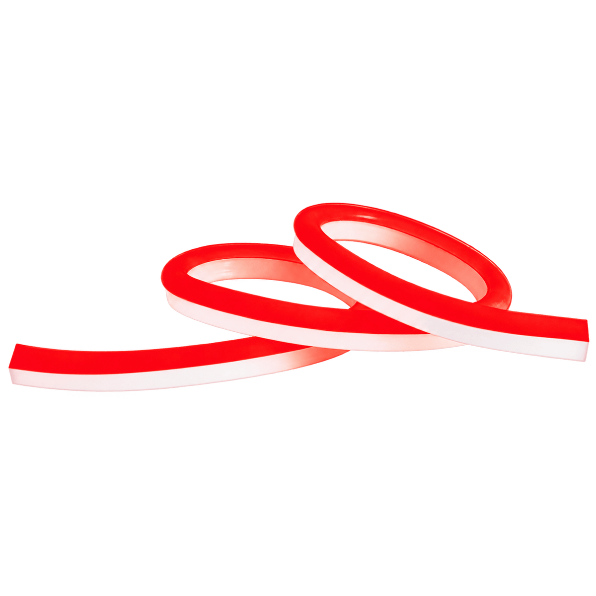 Red LED neon flex tubing arranged in a loose, overlapping spiral on a white background.