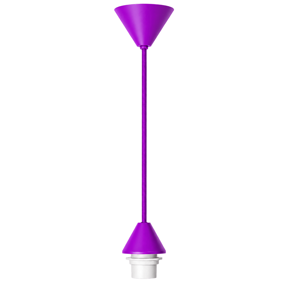 Purple conical ceiling rose kit with a matching cord and white lamp holder, suspended vertically against a plain background.