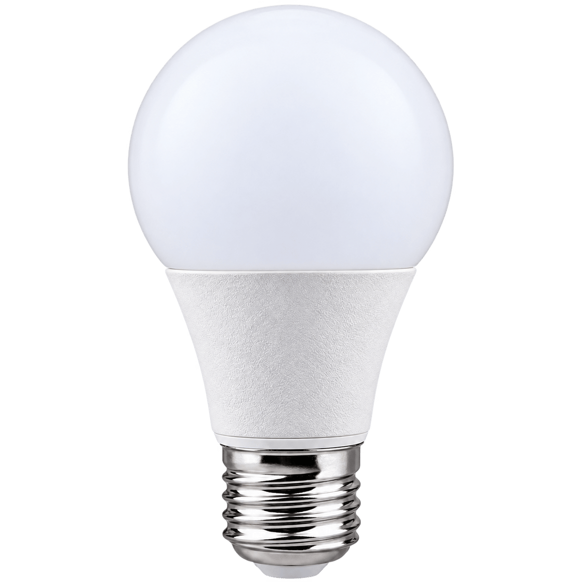A 5W A60 LED bulb with a smooth white globe and a textured white base, featuring a silver E27 screw base.