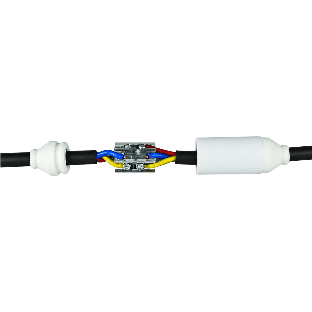 Resin filled cable join kit featuring a white casing, black cables, and colored wires inside a metal connector.