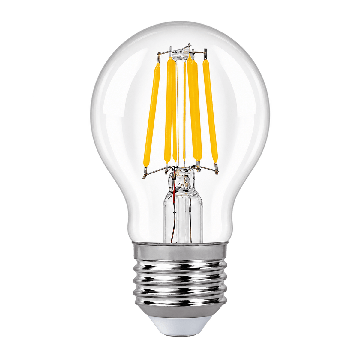 Clear glass A55 filament bulb with yellow filaments and a silver base, centered against a white background.
