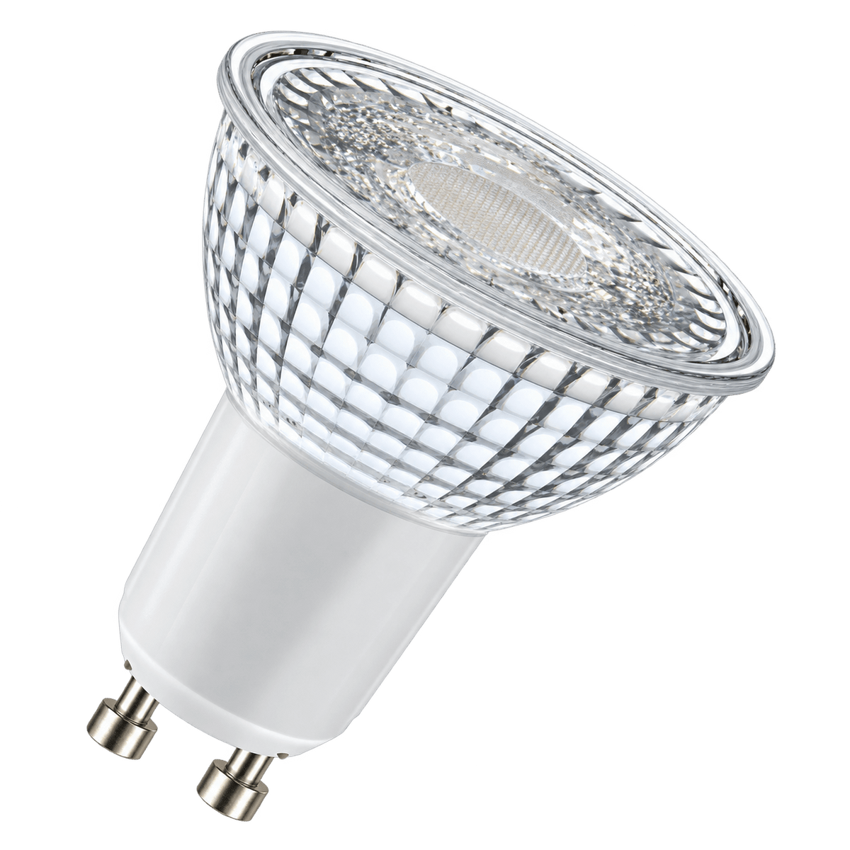 A GU10 LED downlight with a clear, textured glass cover and a white base, featuring two metal pins.
