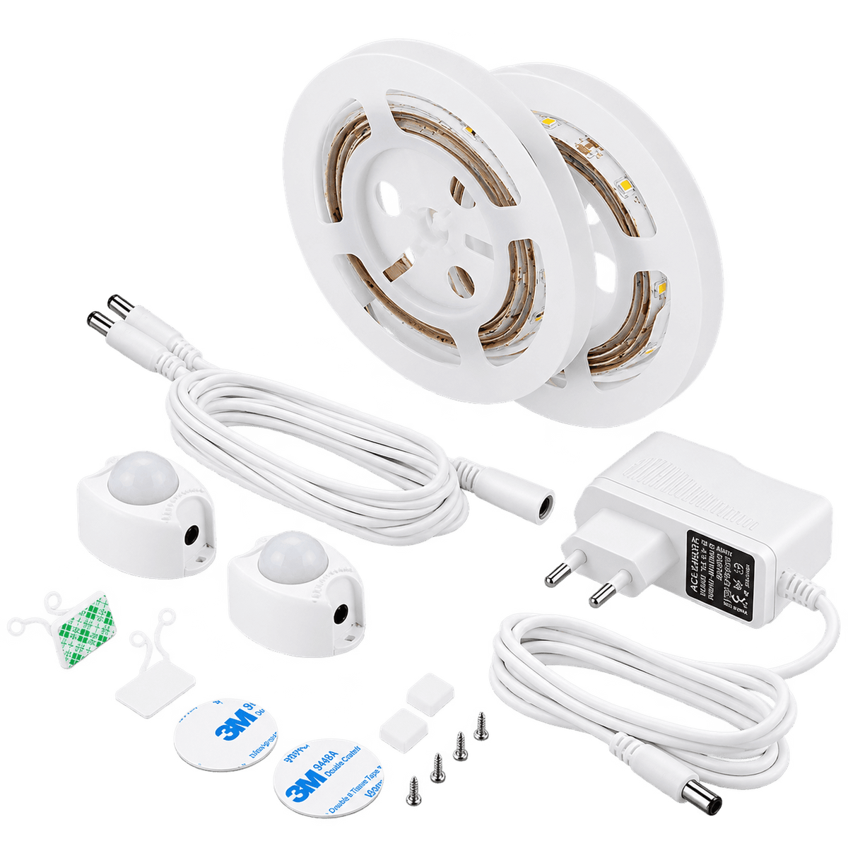 LED strip lights on a white spool, accompanied by two motion sensors, cables, adhesive pads, and a power adapter.