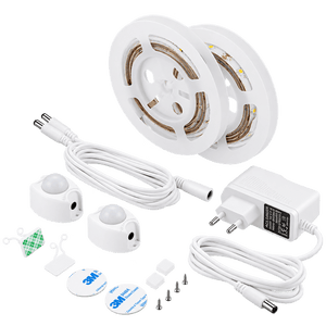 LED strip lights on a white spool, accompanied by two motion sensors, cables, adhesive pads, and a power adapter.
