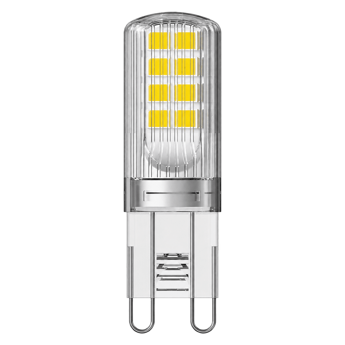 G9 capsule LED bulb with a clear glass finish, featuring six yellow LED chips and a silver base.