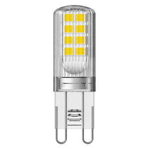 G9 capsule LED bulb with a clear glass finish, featuring six yellow LED chips and a silver base.