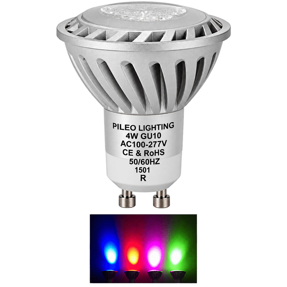 A silver LED downlight with a GU10 base, featuring a textured top and three colored light beams: red, blue, and green.