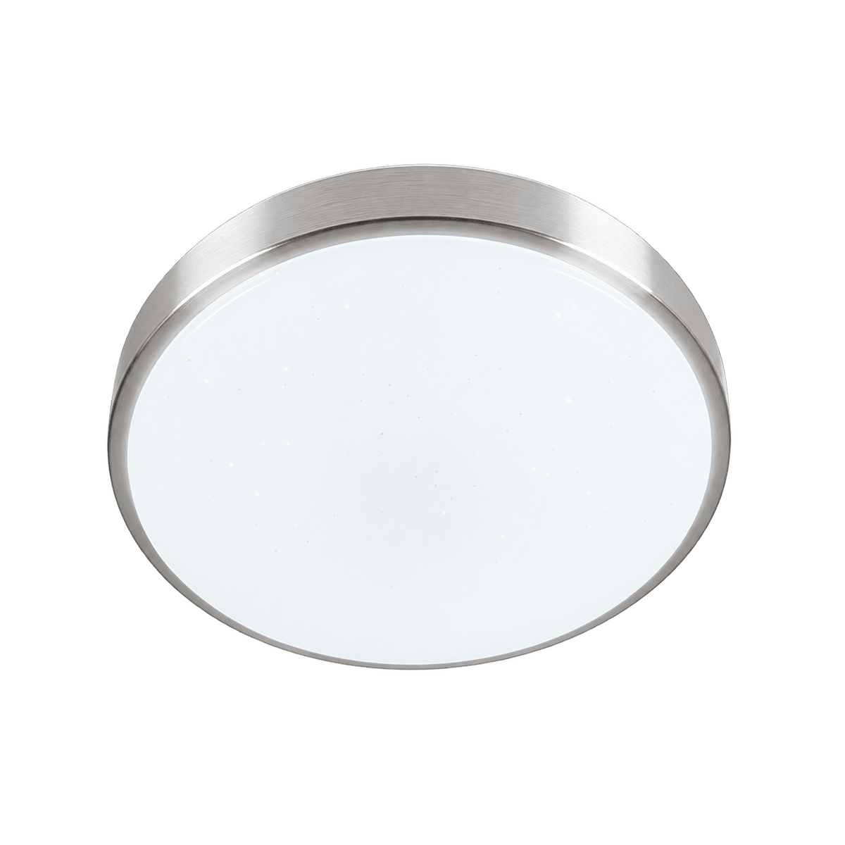 Round LED ceiling light with a smooth white surface and a brushed metal rim.
