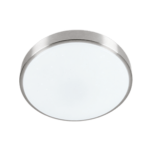 Round LED ceiling light with a smooth white surface and a brushed metal rim.