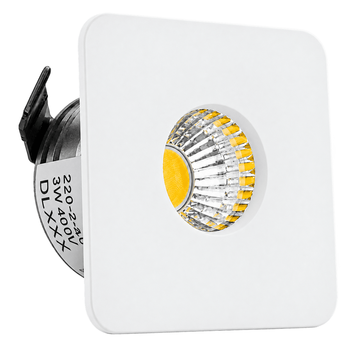 Square white LED downlight with a circular lens, featuring a yellow center and clear reflective edges.