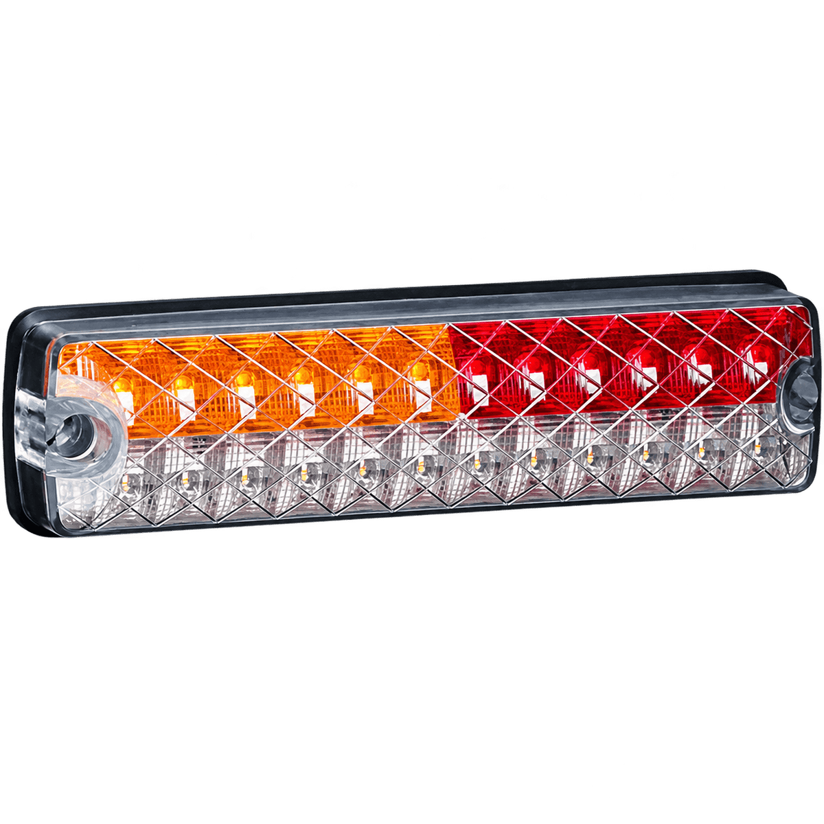 Slim LED tail light with a black casing, featuring red, orange, and clear lenses arranged in a linear pattern.