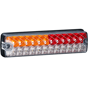 Slim LED tail light with a black casing, featuring red, orange, and clear lenses arranged in a linear pattern.