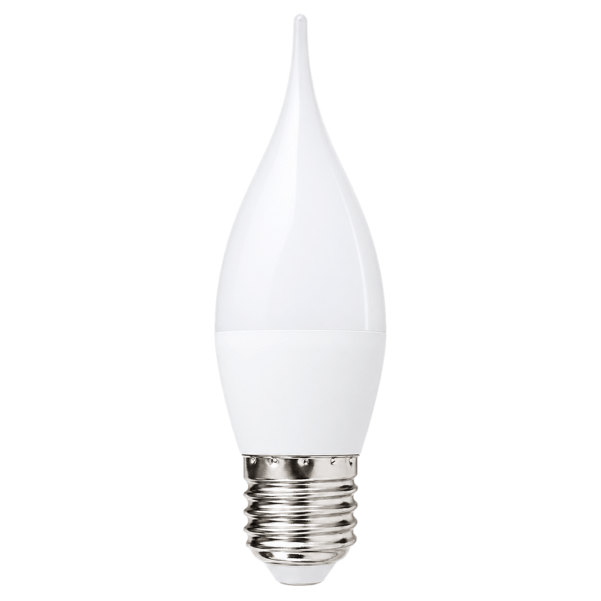 A white, flame-shaped LED bulb with a silver E27 base, featuring a smooth, glossy finish.