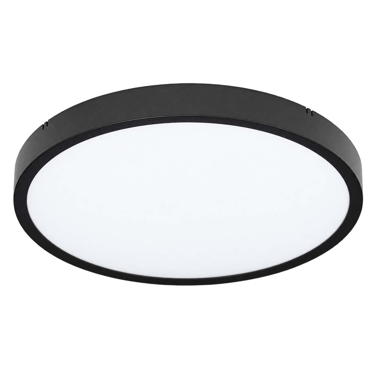 A round ceiling light with a black finish and a white diffuser, suspended against a plain background.