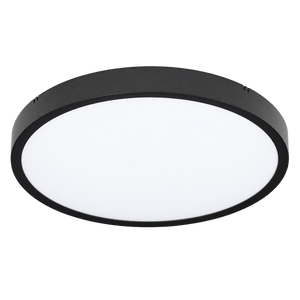 A round ceiling light with a black finish and a white diffuser, suspended against a plain background.