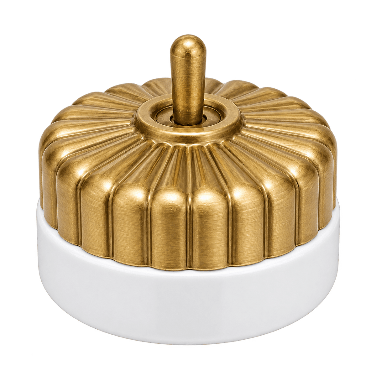 Brushed brass switch with a fluted design atop a white porcelain base, featuring a central toggle.