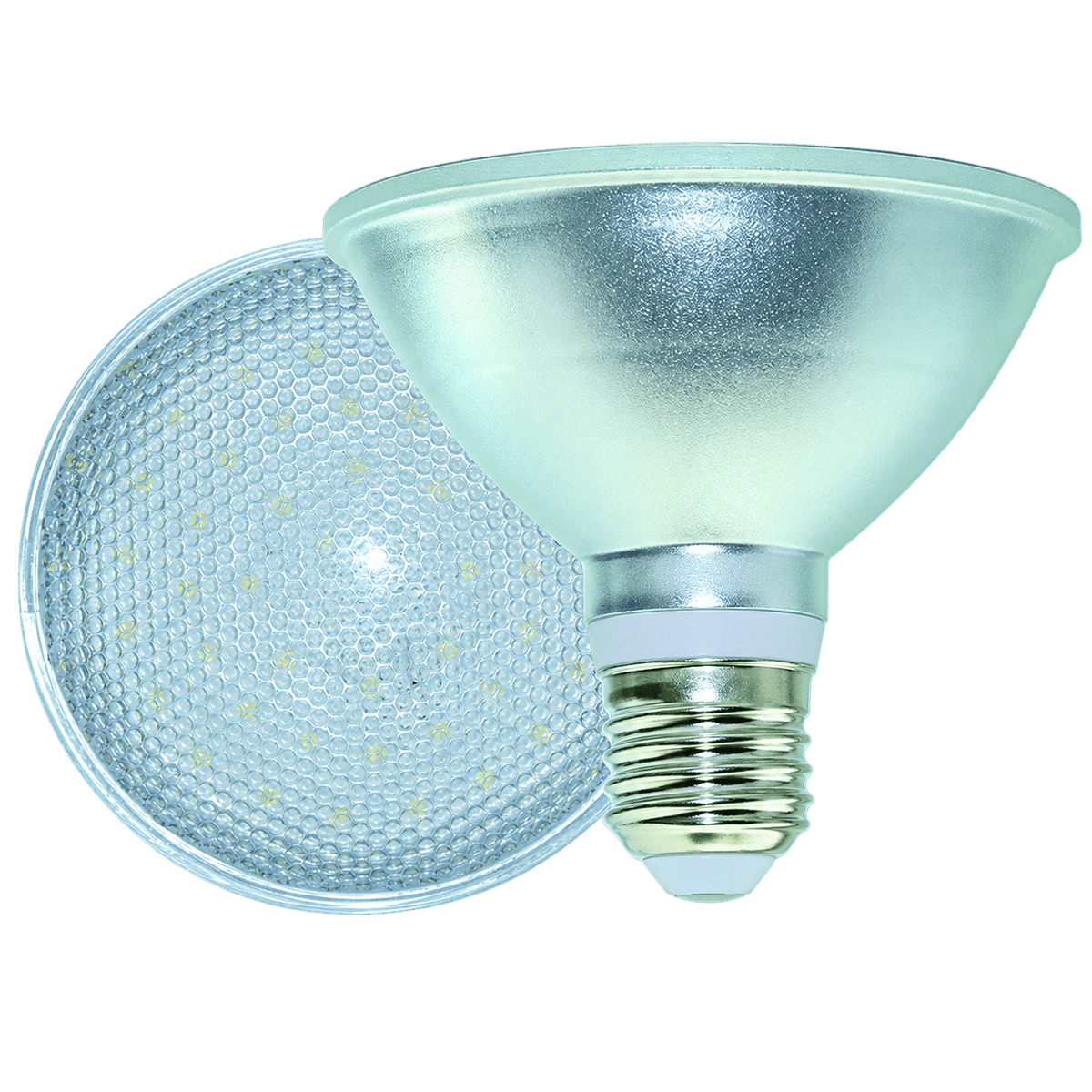 A green 9W PAR30 LED bulb with a reflective silver base and a textured lens, positioned against a white background.