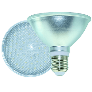 A green 9W PAR30 LED bulb with a reflective silver base and a textured lens, positioned against a white background.