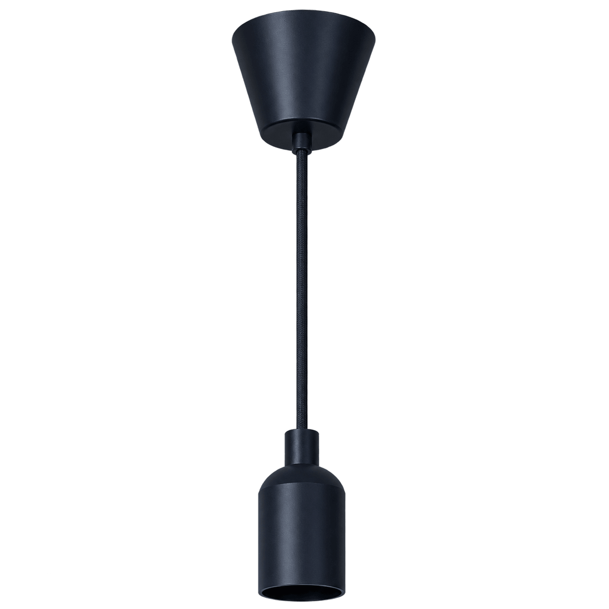 Black silicone pendant ceiling rose kit with a conical top and cylindrical lamp cup, suspended by a black cord.