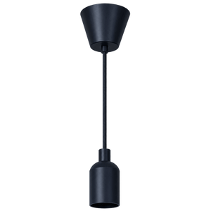 Black silicone pendant ceiling rose kit with a conical top and cylindrical lamp cup, suspended by a black cord.