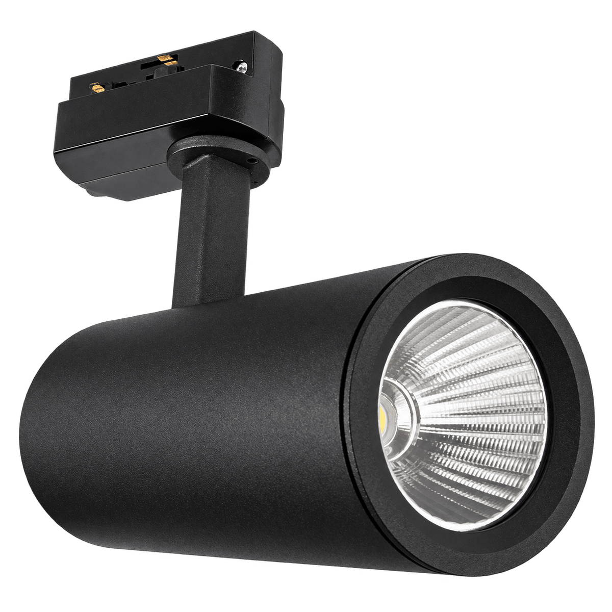 Black LED track light with a cylindrical body and a reflective interior, mounted on a black connector.