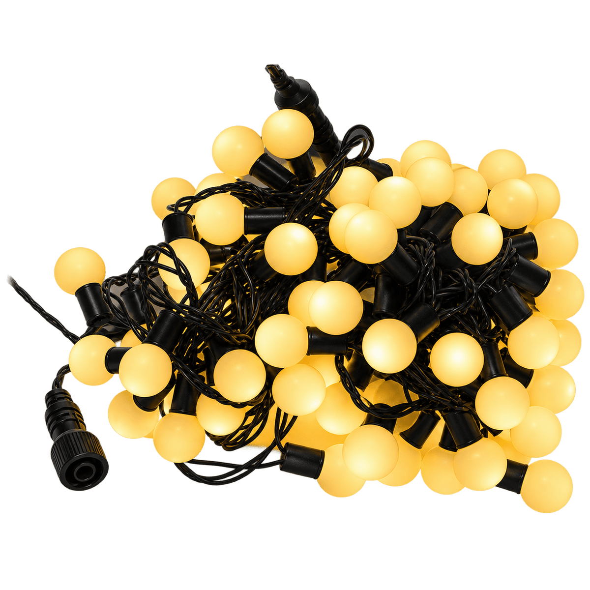 A tangled arrangement of yellow LED ball string lights on a black wire, with connectors visible at one end.