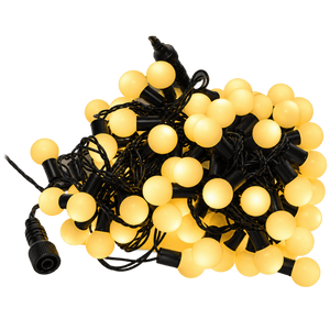A tangled arrangement of yellow LED ball string lights on a black wire, with connectors visible at one end.