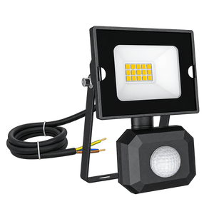 LED flood light with a black finish, motion sensor, and a white light panel, accompanied by a power cable.