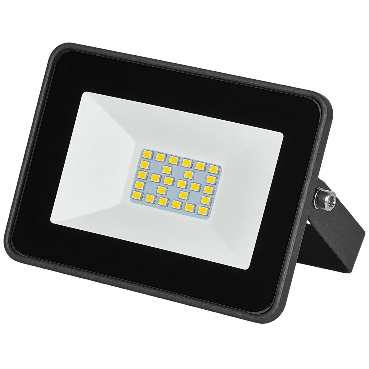 LED flood light with a black frame, white lens, and multiple yellow LED bulbs arranged in a rectangular pattern.