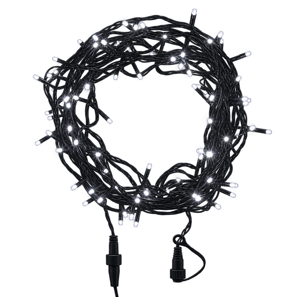 A circular arrangement of LED fairy lights on a green cable, featuring multiple colored bulbs and two connectors.
