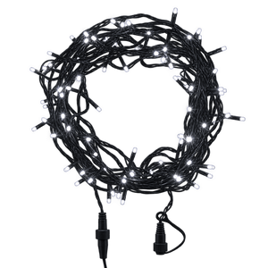 A circular arrangement of LED fairy lights on a green cable, featuring multiple colored bulbs and two connectors.