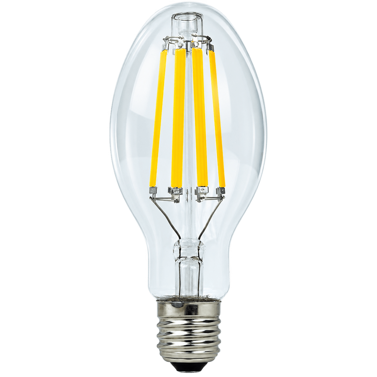 Clear glass LED bulb with a silver base and four vertical yellow filaments inside.
