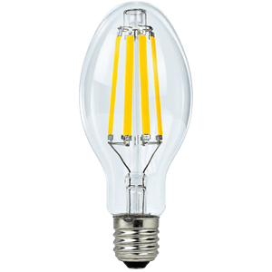 Clear glass LED bulb with a silver base and four vertical yellow filaments inside.