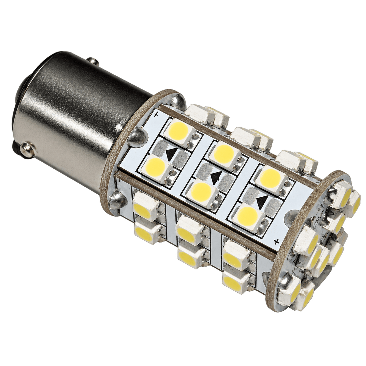 LED car light with a metallic base, featuring multiple yellow LED chips arranged in a cylindrical shape.