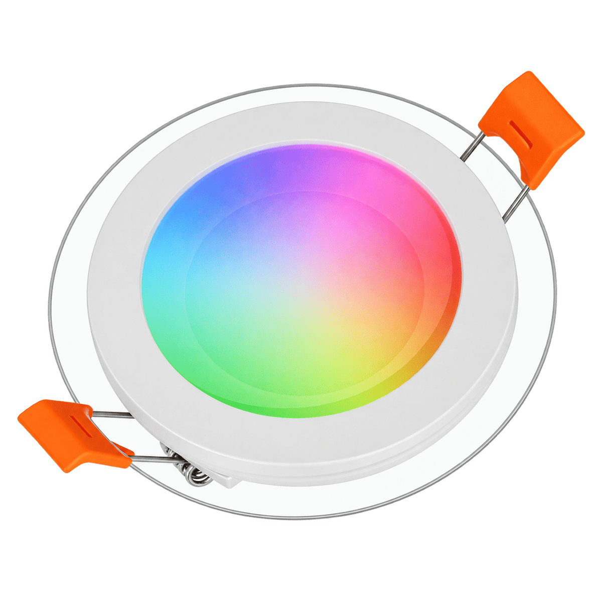 Round LED downlight with a colorful gradient center, white outer ring, and orange clips for installation.