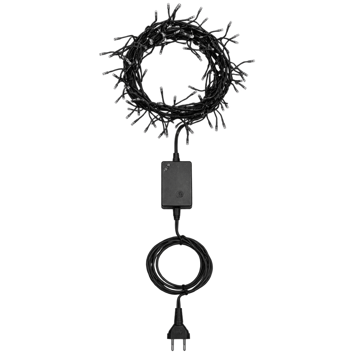 A circular arrangement of black LED fairy lights with a power adapter and cord, all on a black background.