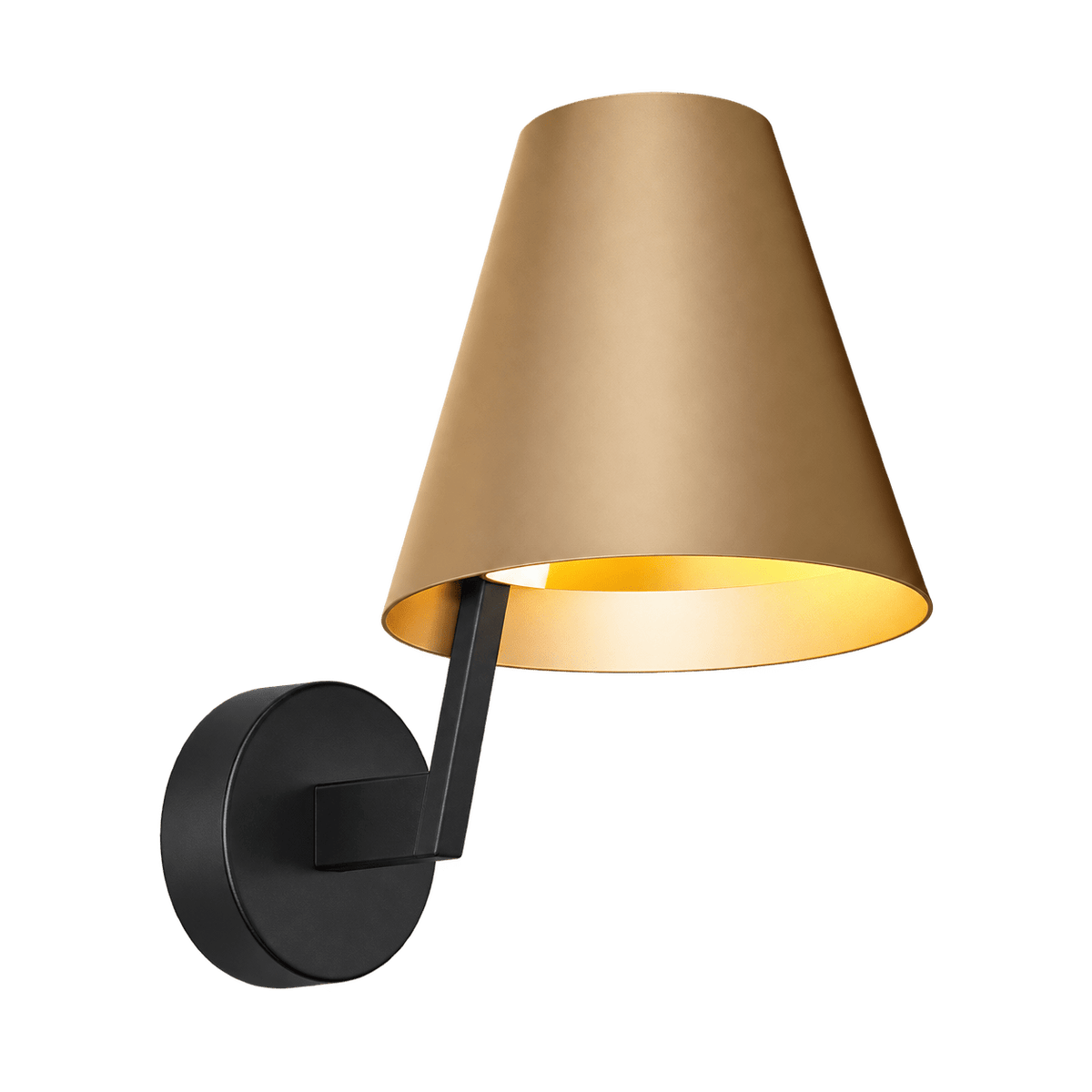 A wall-mounted light fixture with a black base and a gold cone-shaped shade, emitting warm light.