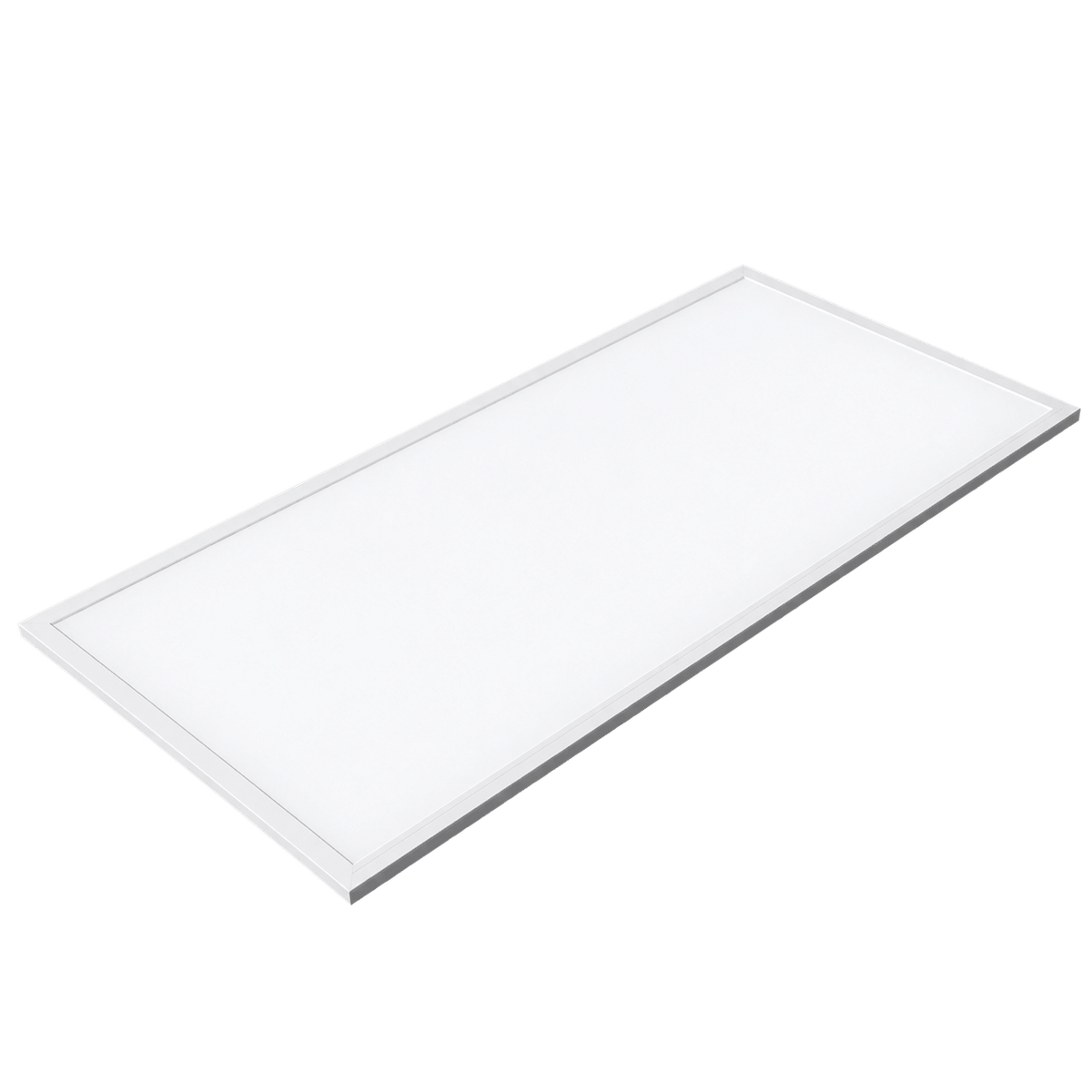 A rectangular back-lit LED panel with a white finish and slim frame, positioned at an angle.