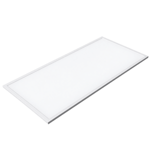 A rectangular back-lit LED panel with a white finish and slim frame, positioned at an angle.
