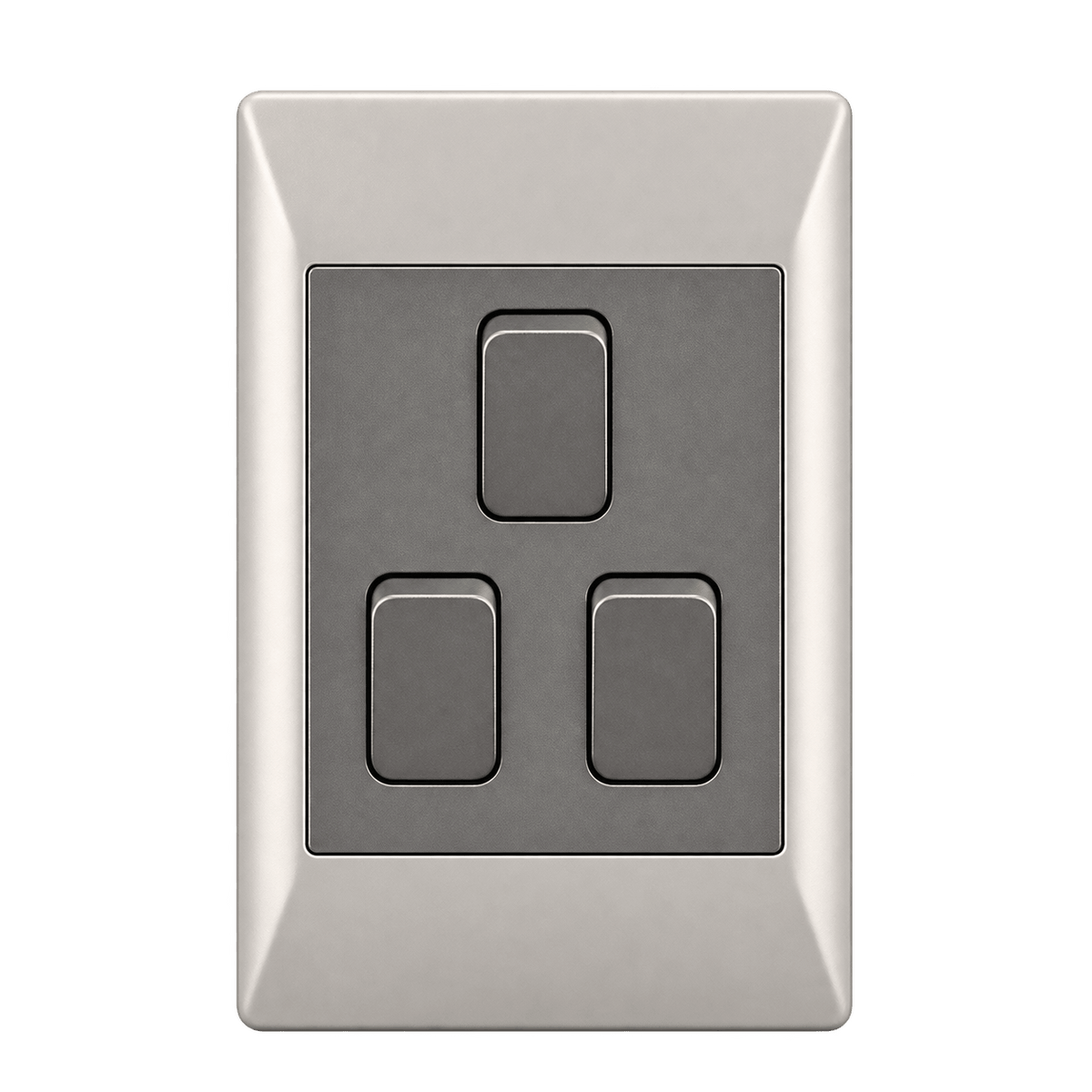 A rectangular switch plate with three dark levers on a light metallic background, featuring a sleek, modern design.