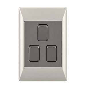 A rectangular switch plate with three dark levers on a light metallic background, featuring a sleek, modern design.