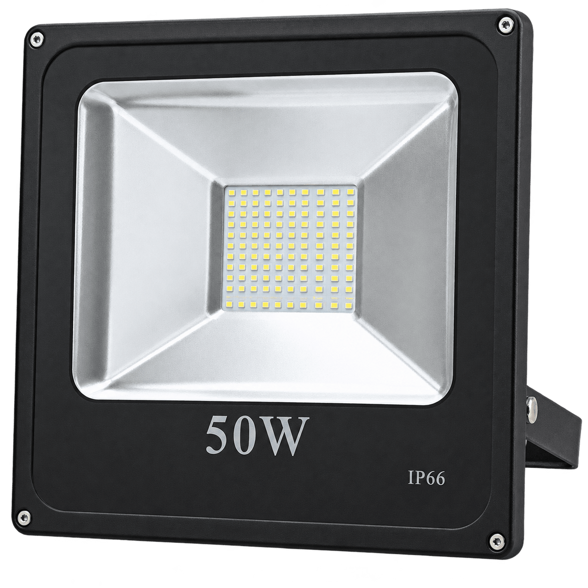 A 50W LED flood light with a black frame and silver reflector, featuring a grid of small yellow LEDs.