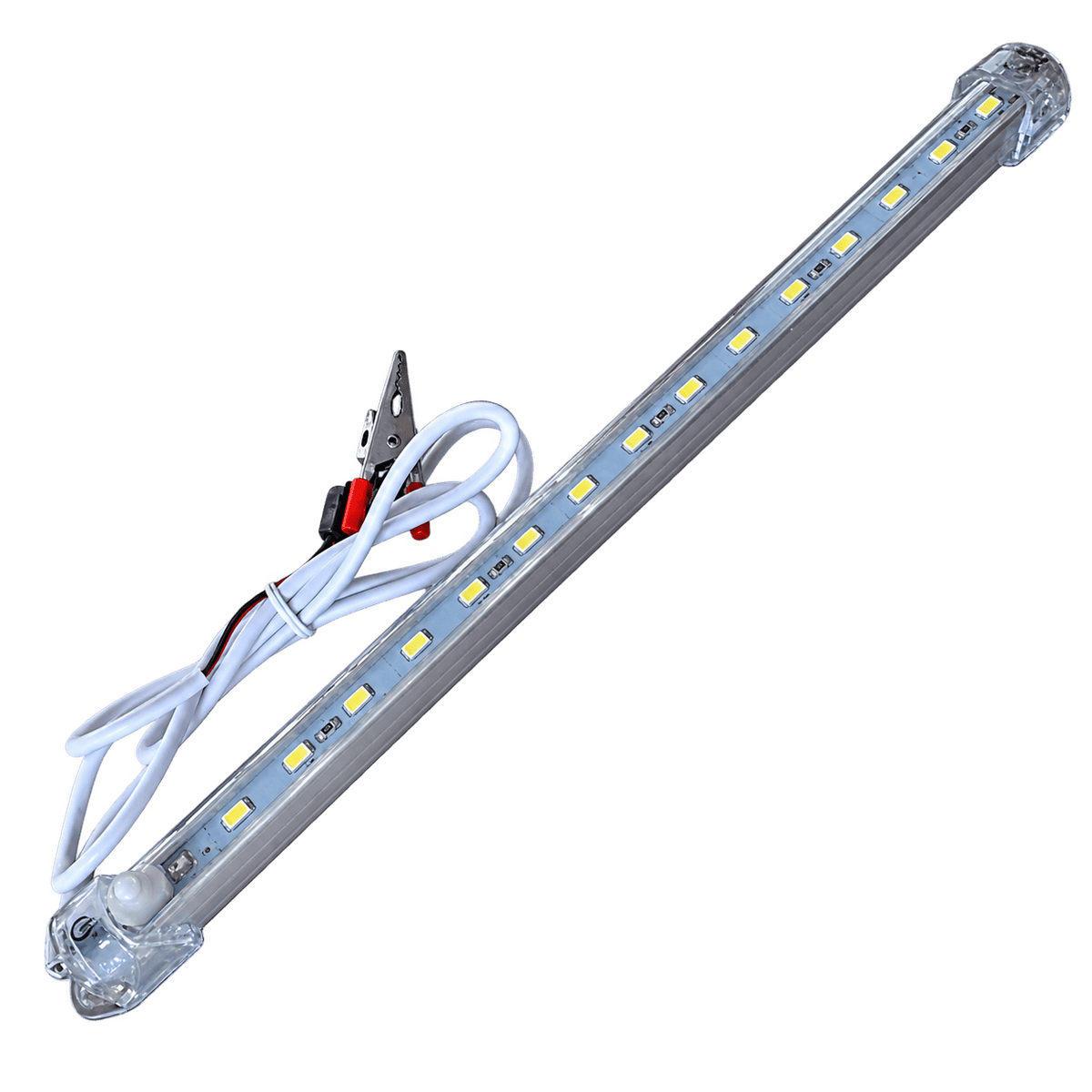 Rigid LED strip in clear casing, 100cm long, with yellow LED lights and white wires, featuring a clip for connection.