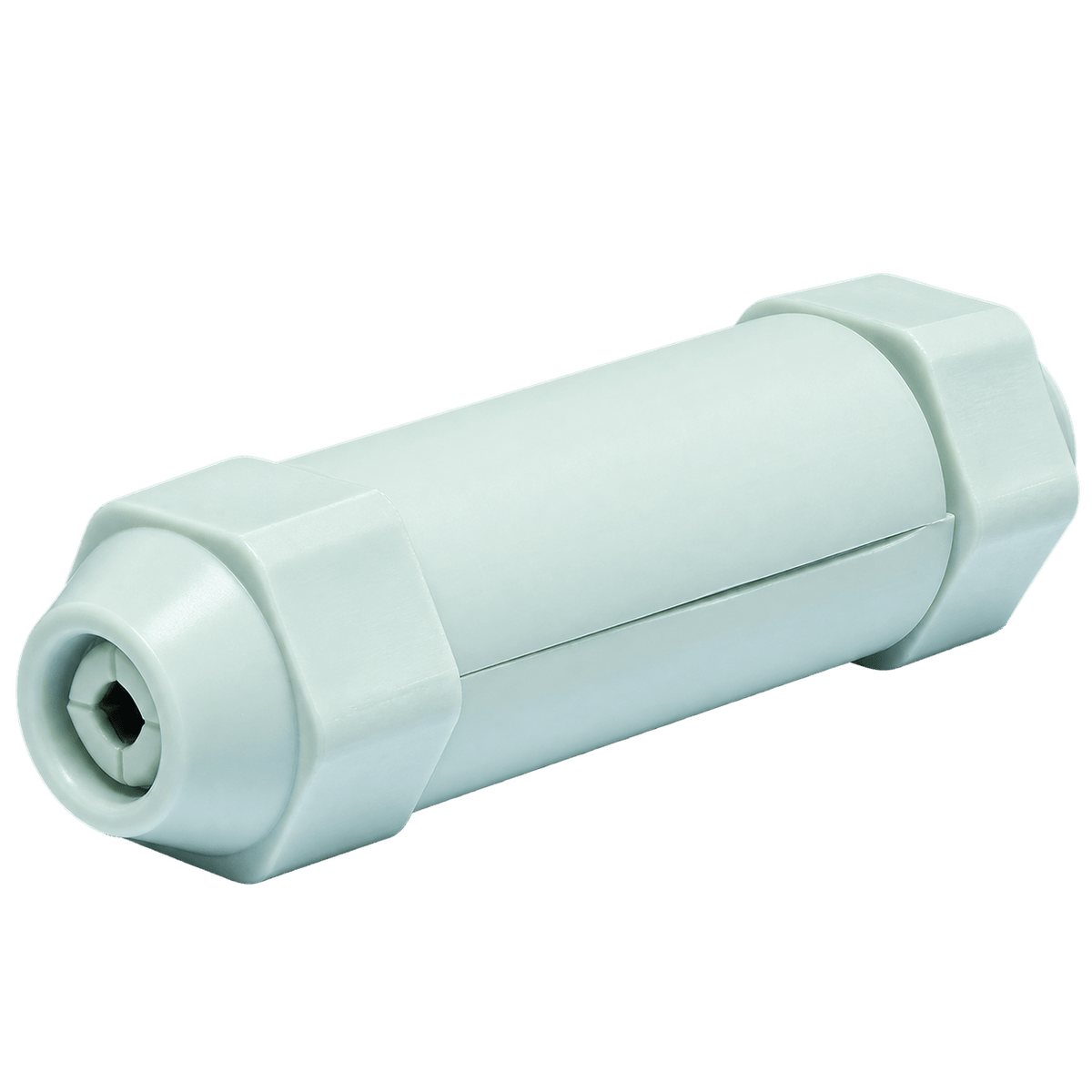 A white, cylindrical joint kit with hexagonal ends, featuring a smooth finish and a central seam.