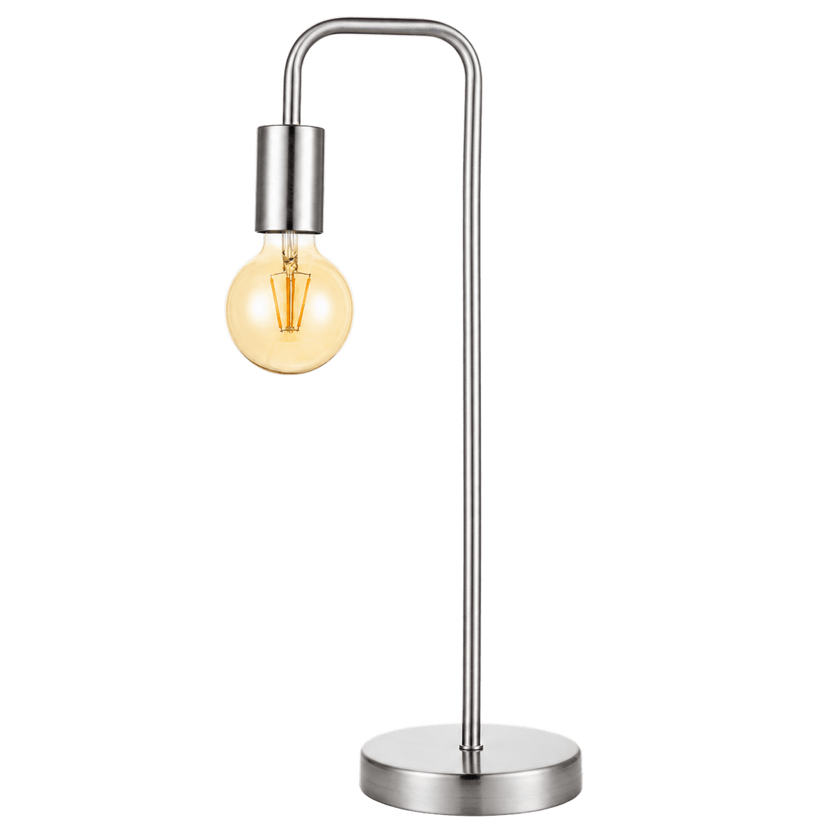 Sleek metal table lamp with a satin chrome finish, featuring a bulb holder and a round base.