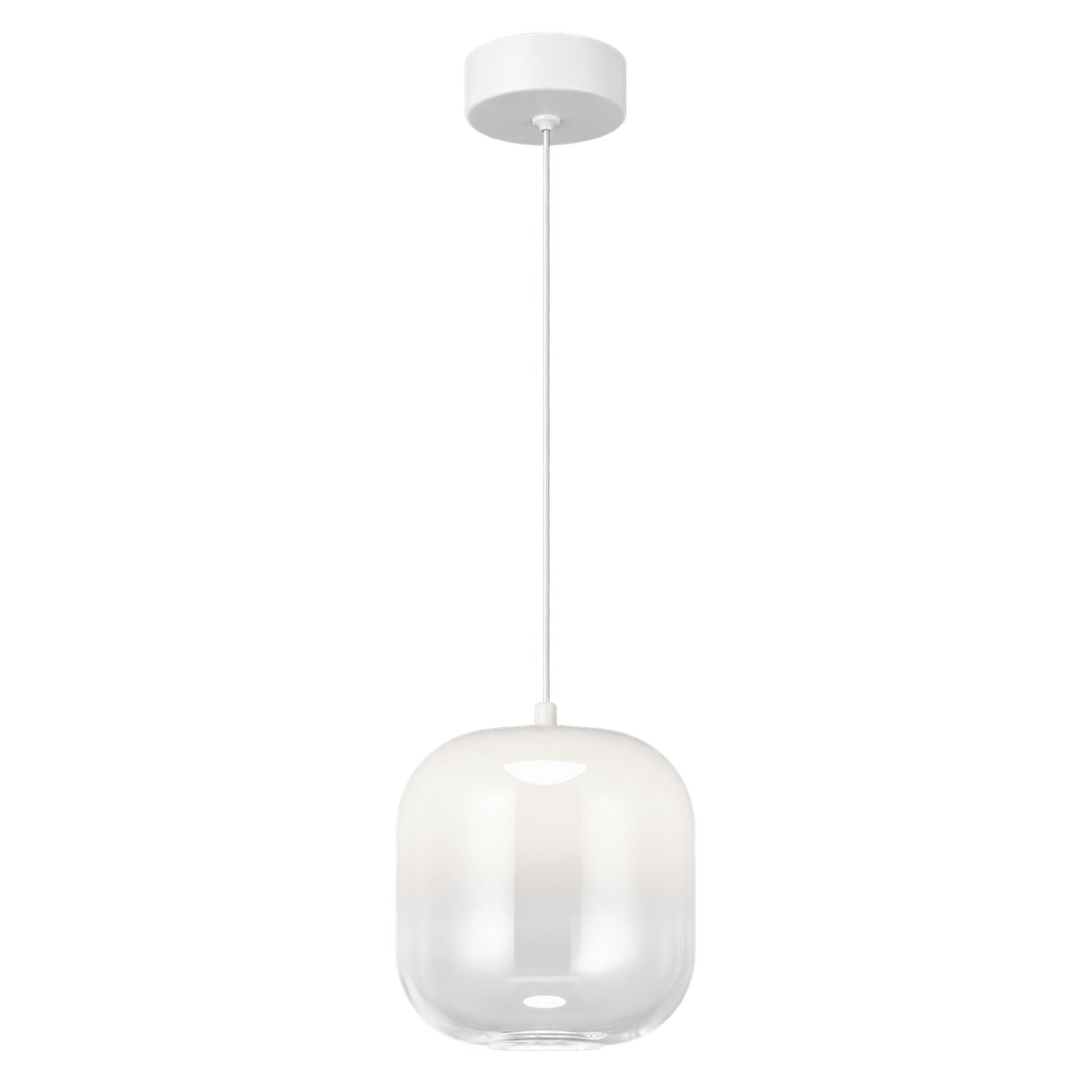 White glass pendant light with a rounded shape, suspended from a white ceiling mount by a thin cord.