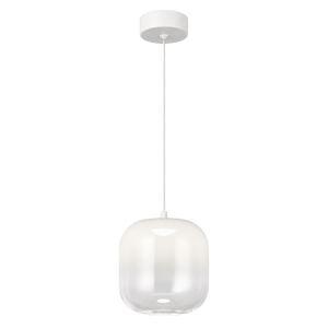 White glass pendant light with a rounded shape, suspended from a white ceiling mount by a thin cord.