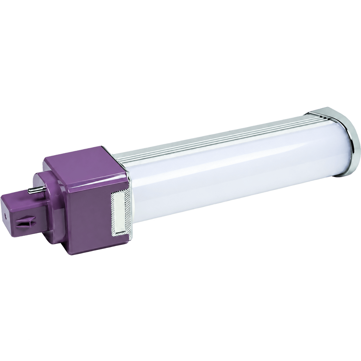 LED bulb with a purple base and a clear, cylindrical glass body, featuring a silver end cap.