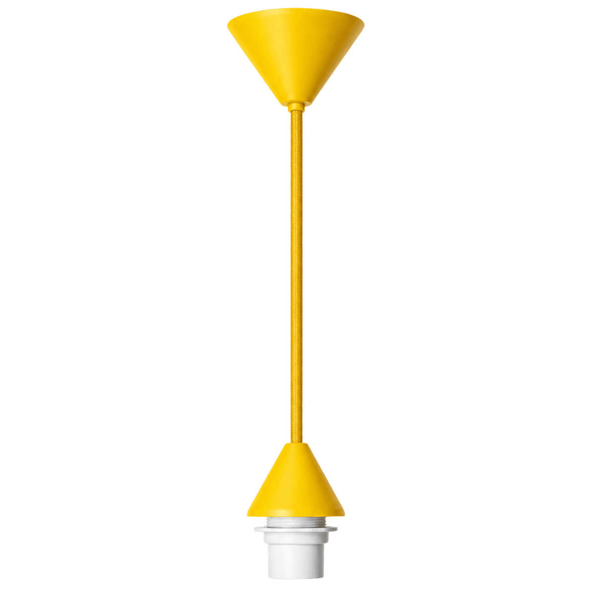 Yellow conical ceiling rose kit with a long cord and white lamp holder, suspended against a plain background.